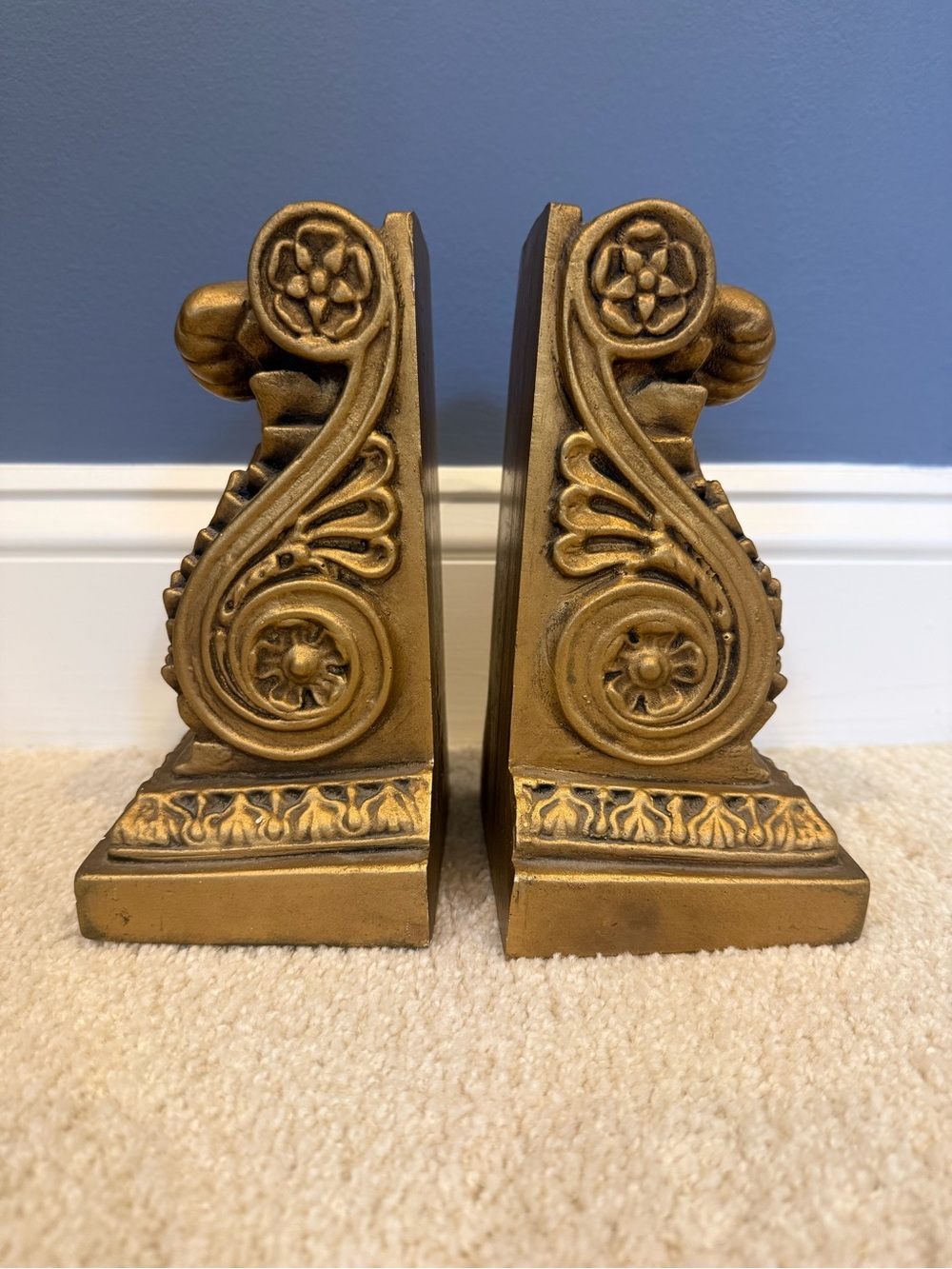 Vintage Gold Ornate Cast Metal Scroll Bookends